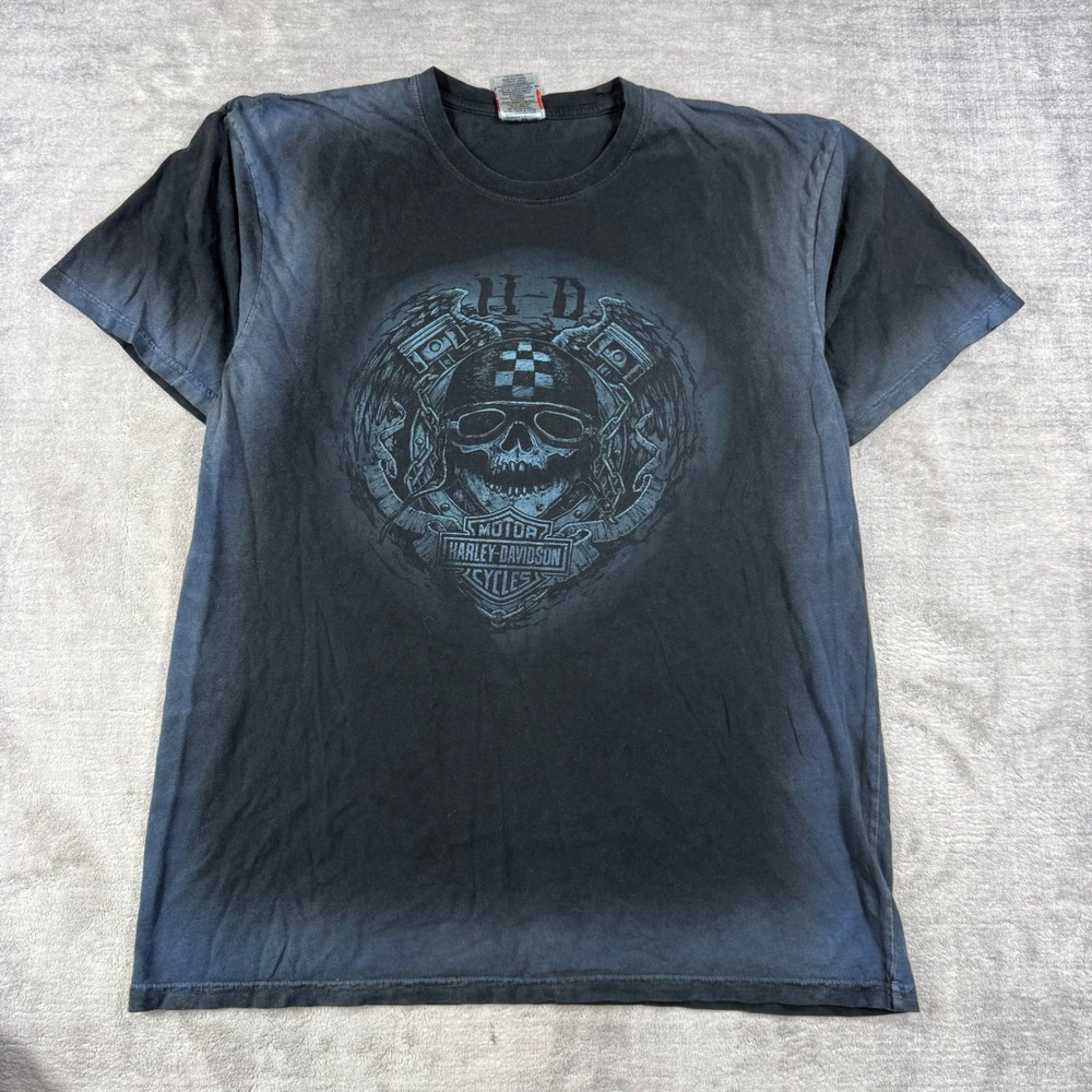 Harley Davidson Shirt Mens Large Black Skull Piston Faded Biker Gothic Grunge